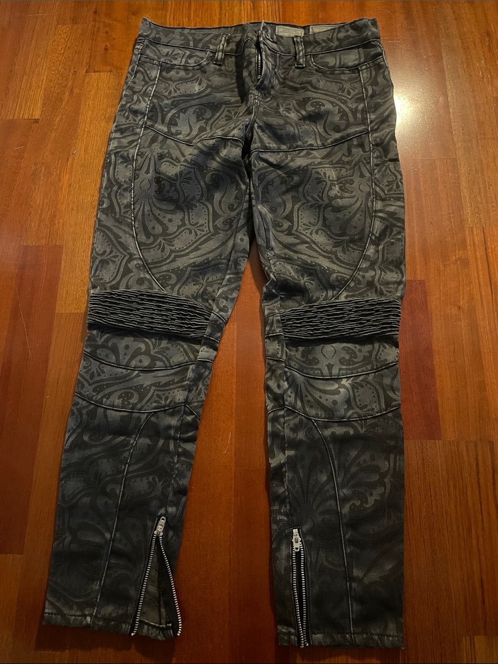 AllSaints Black Paisley Ankle Moto Jeans with Knee Ribbing